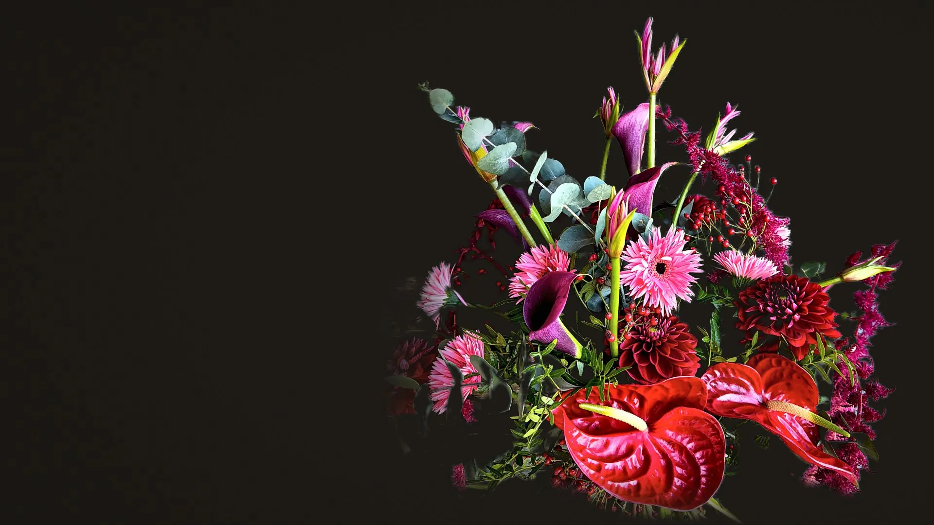 Šopek z anturiji, dalijami in kalami — Floral Design by Žan